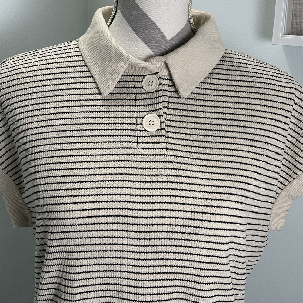 Atelier By Kirious Small Woman Boxy Cropped Short Sleeve Polo Beige Black Stripe - Picture 3 of 8